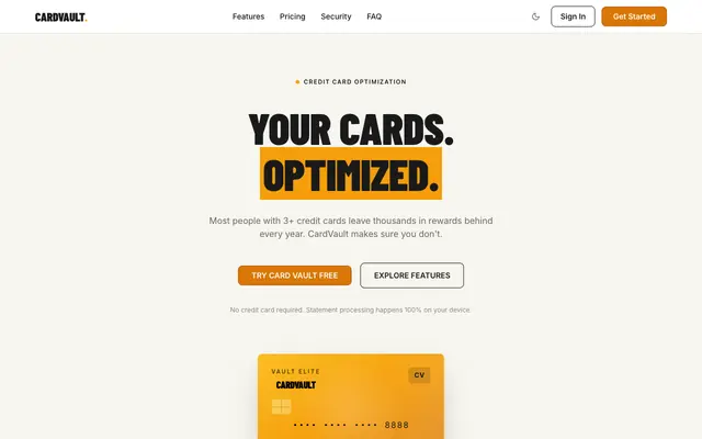 Screenshot of CardVault · Your cards. Intelligent.
