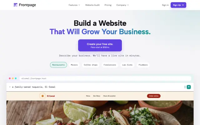 Screenshot of Frontpage — Landing pages, built by conversation