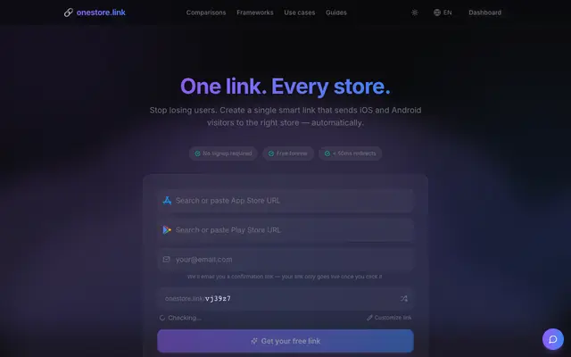 Screenshot of onestore.link — One link for every app store. Free, instant.