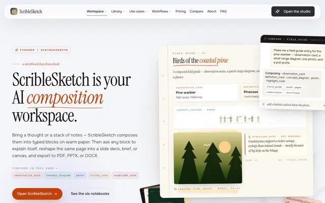 Screenshot of ScribleSketch - AI workspace for notebooks, slides & canvas