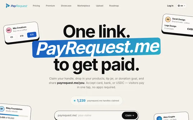 Screenshot of payrequest.me — One link. PayRequest.me to get paid.