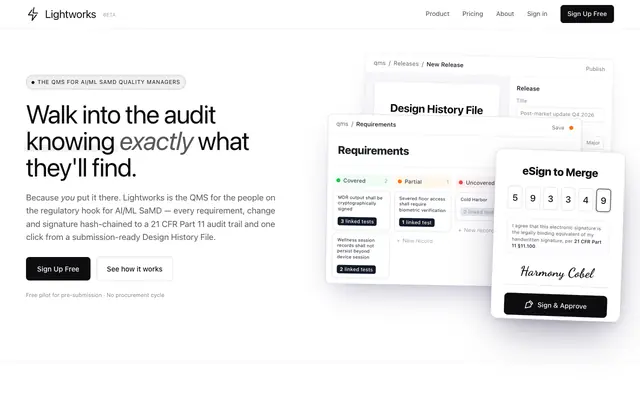 Screenshot of Lightworks — The QMS for Quality Managers shipping AI