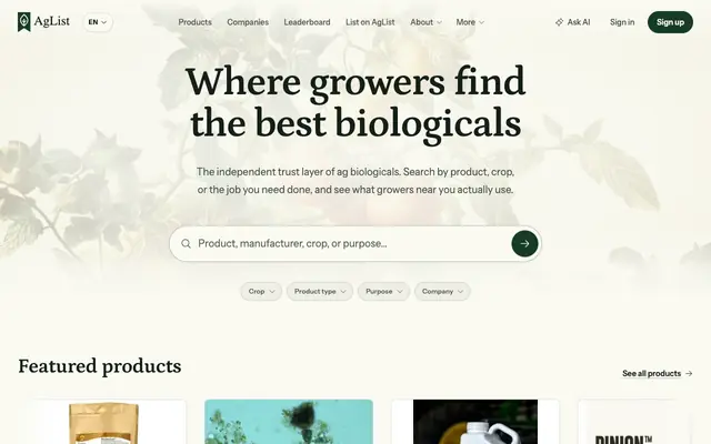 Screenshot of Find the best ag biologicals | AgList