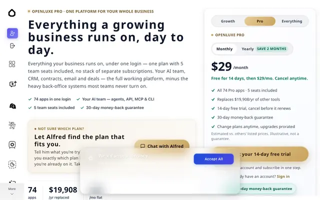 Screenshot of OpenLuxe Pro — Run your whole business from one place · Try it now
