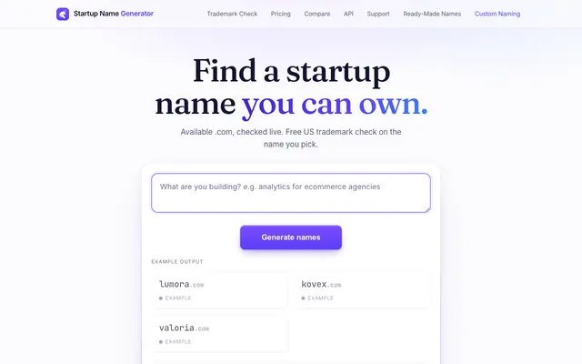 Screenshot of Free startup name generator: only available .coms | startupnamegenerator