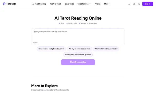 Screenshot of Tarotap - Free AI Tarot Reading Online | Instant Card Readings