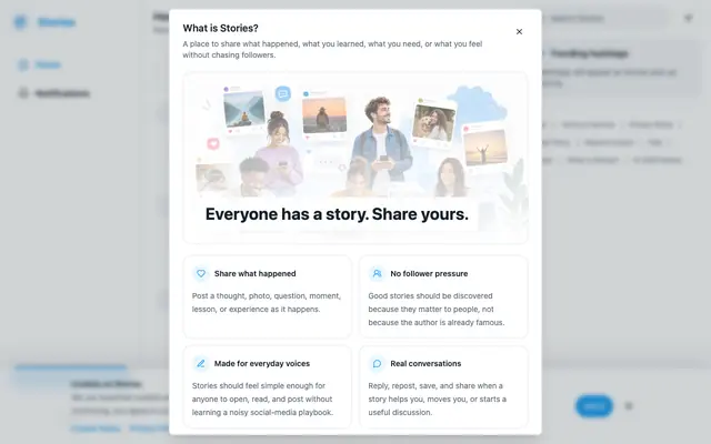 Screenshot of Stories — the follower-free social network for real stories - Everyone has a sto