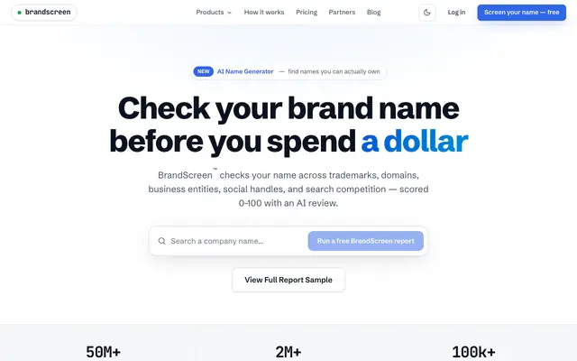 Screenshot of BrandScreen.ai — Screen your startup name before you build