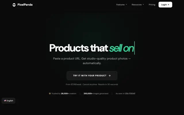 Screenshot of PixelPanda — Product Photos That Sell | AI Product Photography