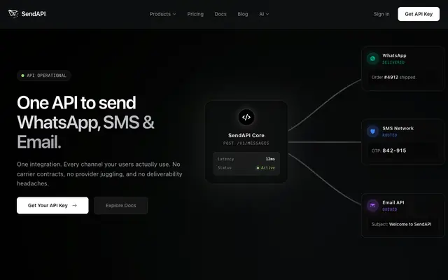 Screenshot of SendAPI – Multichannel Messaging API | WhatsApp, SMS & Email