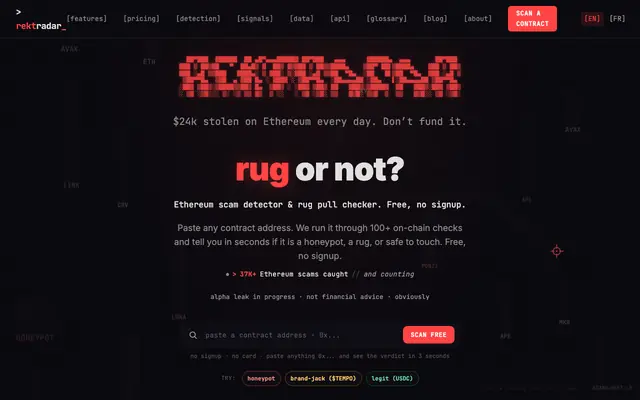 Screenshot of Free Ethereum Scam Checker - Detect Rug Pulls Fast | RektRadar