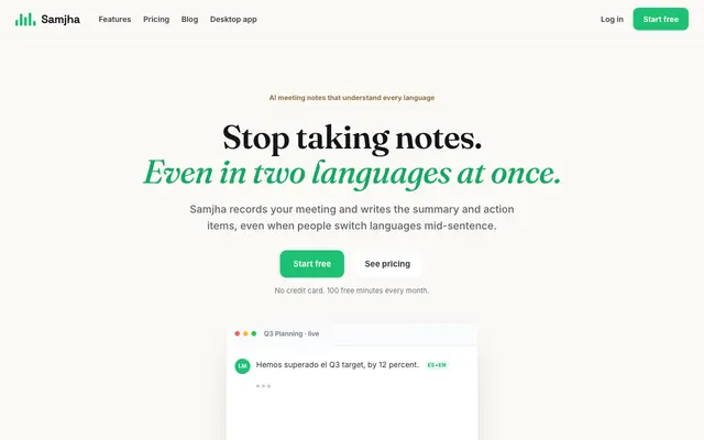 Screenshot of AI Meeting Notes for Every Language | Samjha