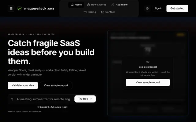 Screenshot of SaaS Idea Validator — Test Defensibility Before You Build | WrapperCheck