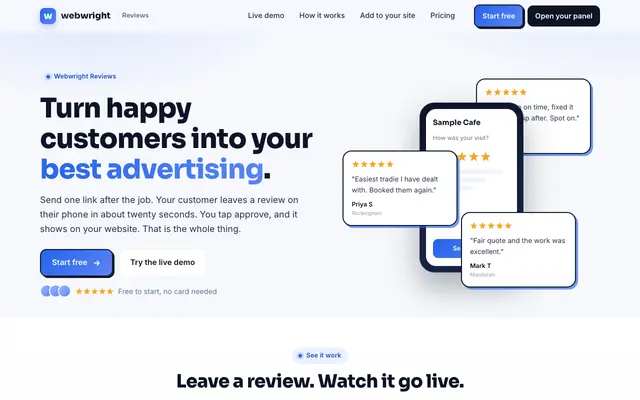 Screenshot of Webwright Reviews | Collect reviews by one link, show them on your site