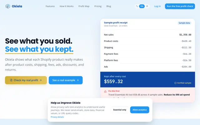 Screenshot of Okiela - Profit Clarity for Shopify & DTC Operators