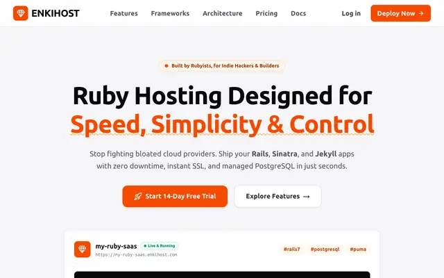 Screenshot of Enkihost | Ruby on Rails, Sinatra & Jekyll Hosting