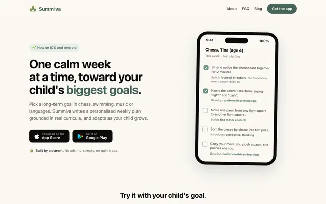 Screenshot of Summiva. A calm weekly plan for your child's biggest goals.