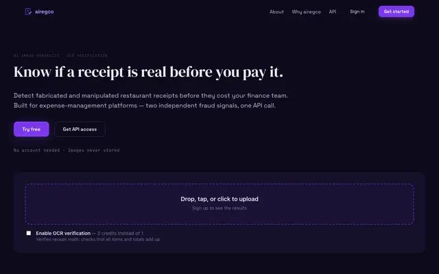 Screenshot of airegco — AI image detection
