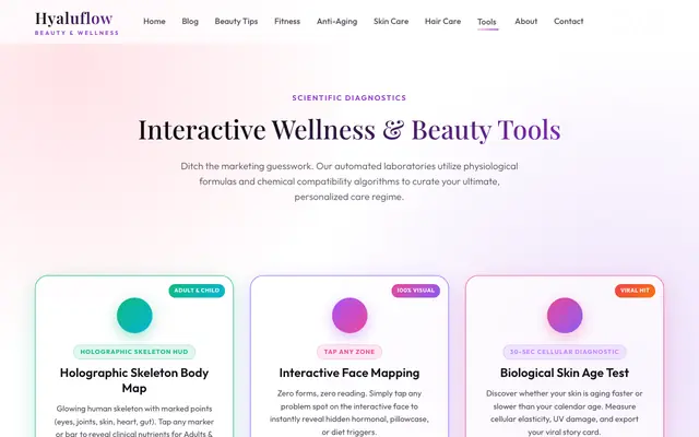 Screenshot of Science-Backed Beauty & Wellness Tools Hub | Hyaluflow