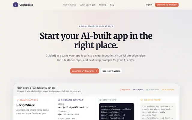 Screenshot of GuidedBase — Start your AI-built app in the right place.