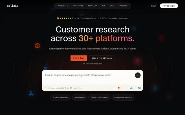 Screenshot of Adlicio: Ad angles & hooks from real customer comments