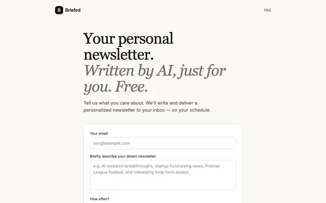 Screenshot of Briefed — your personal AI newsletter, free