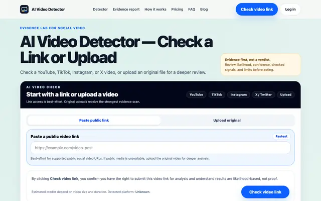 Screenshot of AI Video Detector for Social Links & Uploads