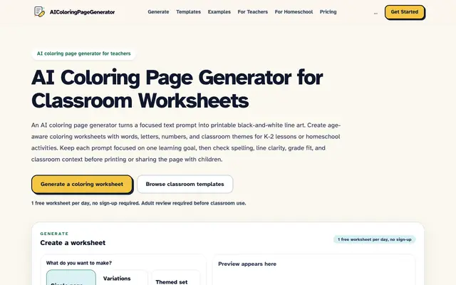 Screenshot of AI Coloring Page Generator for Teachers | K-2 Worksheets