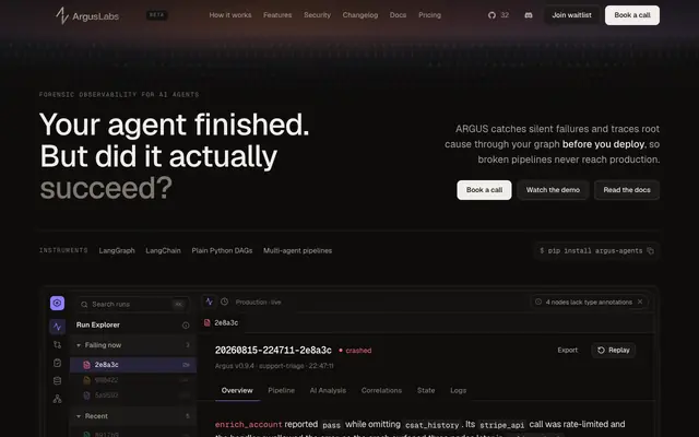 Screenshot of ARGUS — Forensic Observability for AI Agent Pipelines