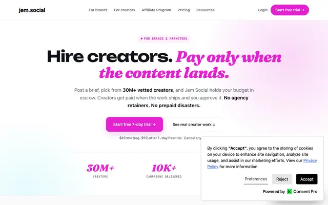 Screenshot of Jem Social | Influencer Marketing Platform & Search Tool