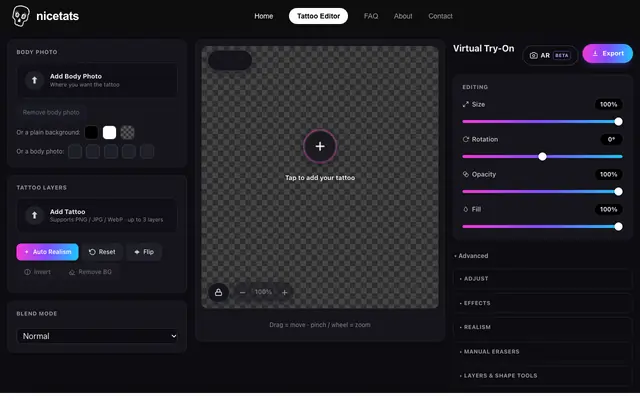 Screenshot of Try Tattoo Designs Online — Free Tattoo Try-On Editor · Nicetats