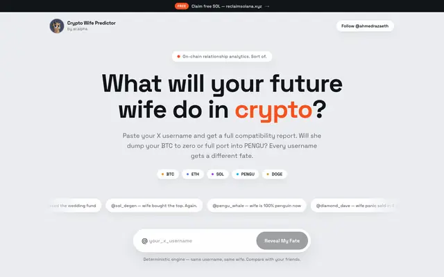 Screenshot of Crypto Wife Predictor — What Will Your Future Wife Do In Crypto?