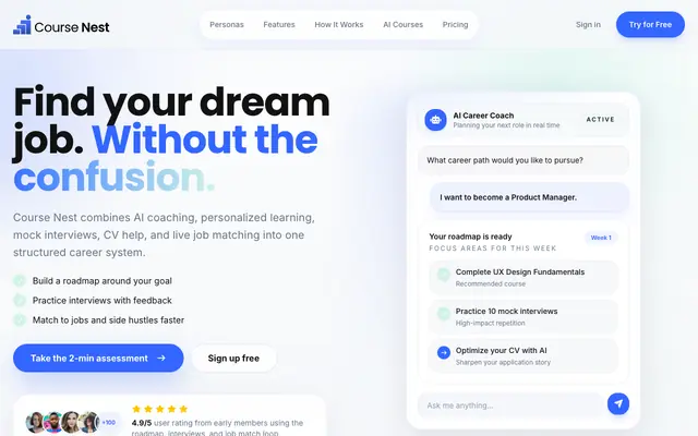 Screenshot of CourseNest | AI Career Coach, Courses, CV Builder, Interviews, and Jobs