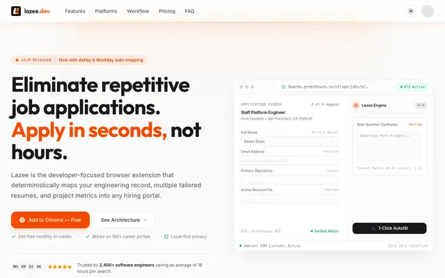 Screenshot of Lazee.dev — Job Applications, 100x Faster