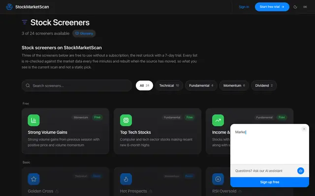 Screenshot of Stock Screeners | StockMarketScan