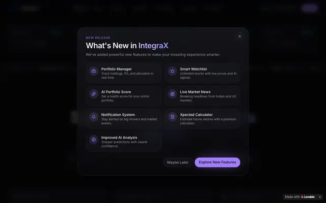 Screenshot of IntegraX — Premium Stock Analysis & Live Market Insights