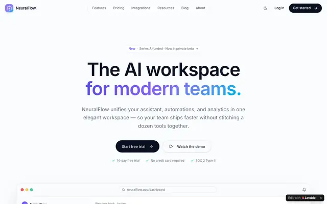 Screenshot of NeuralFlow AI — The AI workspace for modern teams