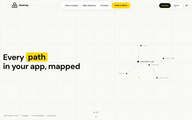 Screenshot of Swarmy · Autonomous QA agents for web & mobile