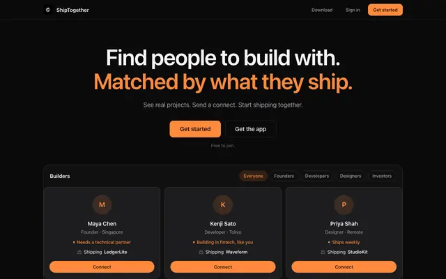 Screenshot of ShipTogether: A co-founder network built around your work