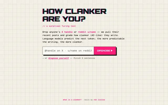 Screenshot of how clanker are you? — a reverse Turing test