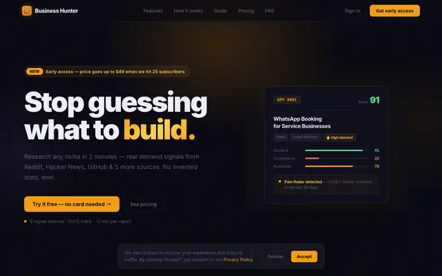Screenshot of Business Hunter — Verified Business Opportunities for Builders