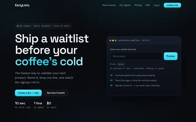 Screenshot of EarlyLists — Add a waitlist to your site in minutes