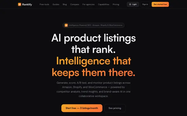 Screenshot of Ranklify — Rank Higher & Sell More on Amazon, Shopify & WooCommerce