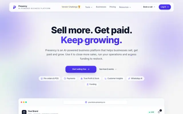 Screenshot of Presency — Your storefront sells, even when you're not online | Presency