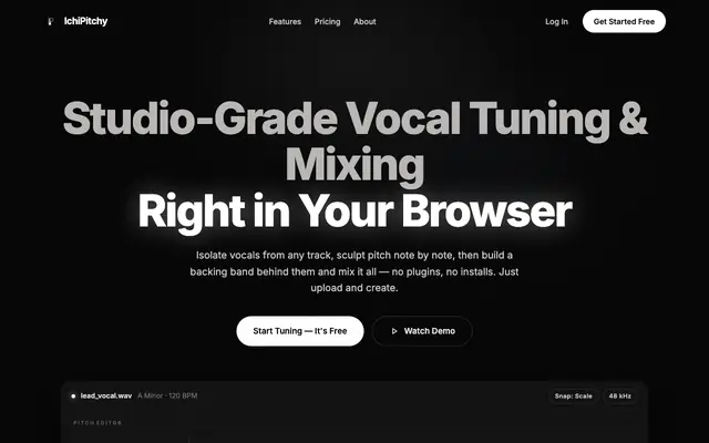 Screenshot of IchiPitchy — Free Online Vocal Tuning & Mixing Studio