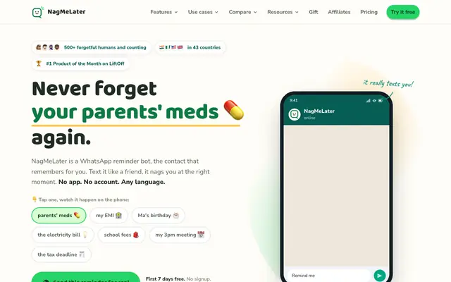 Screenshot of NagMeLater — WhatsApp reminders & to-do list in plain English