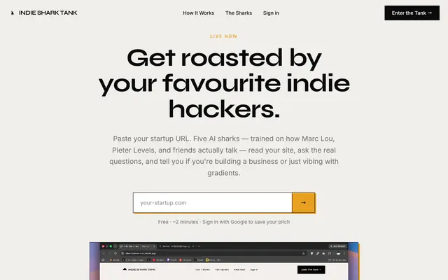 Screenshot of Indie Shark Tank — Pitch to Your Favourite Indie Hackers