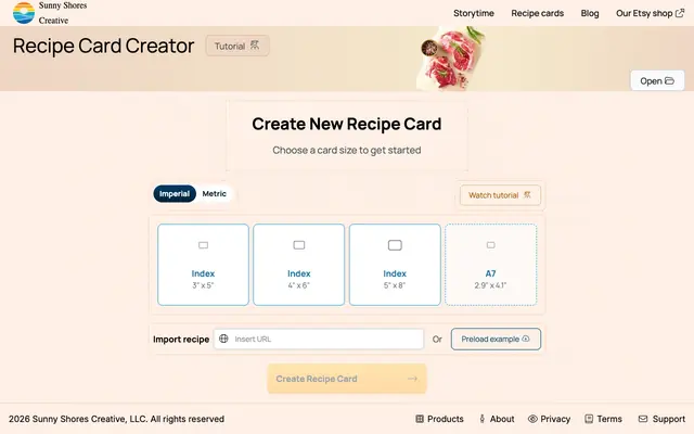 Screenshot of Sunny Shores Creative - Products - Recipe cards editor