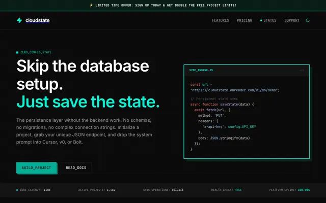 Screenshot of CloudState | Instant JSON Database & Persistence for AI Apps (Cursor, Bolt, v0)