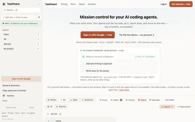 Screenshot of TaskPeace — Task Manager for AI Coding Agents (MCP-Native)